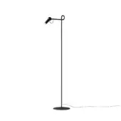 Black floor lamp, metal stem, adjustable spotlight, minimalist design, matte finish, looping arm, circular base, studio shot.