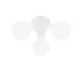 Wall sconce, white resin, minimalist design with central sphere and three curved, circular petal-like extensions, studio lighting.
