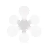 Atomium suspension pendant light, white resin, spherical form with six rounded petal-like extensions, minimalist studio shot.