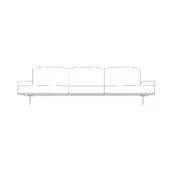 Three-seater sofa, black line drawing, low profile with rounded edges, curved backrest, tapered legs, minimalist design.