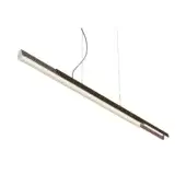 Elegant Kundalini Dala Linear suspension lamp with an opal diffuser framed by metallic coated structures and dark wood-like accents