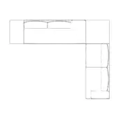 Sectional sofa line drawing, black and white, 90-degree modular design with rounded and curved cushions, rectangular form, studio rendering.