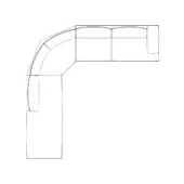 Sectional sofa line drawing, white background, curved arms, corner configuration, rectangular cushions, minimalist design, technical schematic.