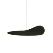 Pendant light, dark gray matte finish, organic leaf shape with rounded form and thin black cord suspension.