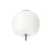 Elegant Kundalini Kushi ceiling lamp with a spherical opal diffuser and thin black metallic body crafted in a minimalist form