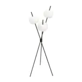 Superior Kundalini Kushi floor lamp with metal tripod base and spherical white light fixtures in a matte black finish