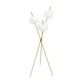 Captivating Kundalini Kushi floor lamp with a glossy gold metallic body and spherical opal glass diffusers