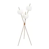 Exclusive Kundalini Kushi floor lamp with three white opal glass diffusers and warm copper metallic rods