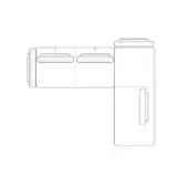 Modular sofa schematic, black line drawing, rectangular forms with cushioned padding, corner module with vertical handle, white background.