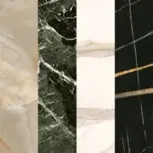Marble-effect glass panels displaying beige, green, cream, and black textures with white and gold veining, polished finish, neutral gray background.