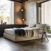 Exceptional Bolzan Letti Venus bed with textured light beige textile upholstery and orthopaedic slatted base