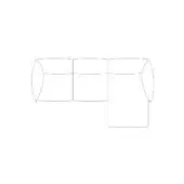 Sectional sofa line drawing, gray, L-shape with rounded arms and rectangular center cushions, minimalist furniture schematic.