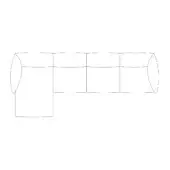 Sectional sofa line drawing, white background, L-shape with left chaise, three cushions, rounded corners, and simple geometric form.