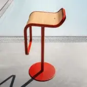 Elegant Lapalma Lem stool with bright red-orange polyester powder coated stainless steel and Iroko wood swivel seat
