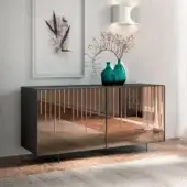 Distinguished Ozzio Italia Rain sideboard with dark-lacquered container, mirrored doors, wooden slats, aluminum frame and transparent glass feet