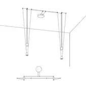 Ceiling lighting system technical drawing, two cylindrical pendants with a central circular fixture, black lines on white background.