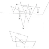 Lighting installation technical drawing, black lines on white, showing pendant lights, cylindrical fixture, linear track, and network schematic below.