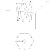 Modern hexagonal chandelier with metallic arms and cylindrical lights, accompanied by a schematic diagram illustrating its geometric structure.