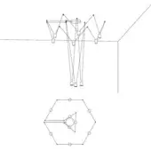 Linear drawing of a multi-tiered chandelier with angled arms, spherical lights, and descending rods in a radial, geometric arrangement.