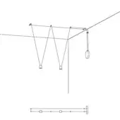 Hanging light system technical drawing, black lines on white, with corner mount, three pendant fixtures, and horizontal bar with connectors.