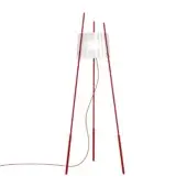 Superior Kundalini Tyla floor lamp with a vertically pleated white lampshade and red finished metallic structure crafted in sandblasted mouth-blown glass