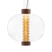 Kundalini Bolha suspension lamp, clear glass sphere, golden helix light source, dark brown cylindrical caps, black suspension cables.