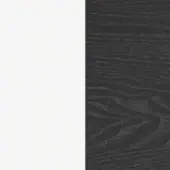 Vertical composition of matte white and dark open-pore wood texture, featuring gray and black grain with a straight dividing line.