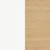 Matte white powder-coated finish and blanched oak wood grain, vertically aligned for comparison, showing texture and linear grain patterns.