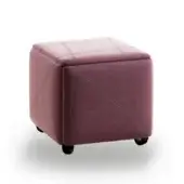 Velvet storage ottoman, dusty rose, quilted diamond pattern, black caster wheels, hinged lid, studio product shot.