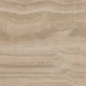 Travertine texture with horizontal striations in light beige and warm brown tones, displaying a porous, matte finish against a white backdrop.