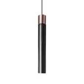 Superior Kundalini Minimal suspension lamp with handcrafted Barro Negro pottery in a polished black finish and copper tone metal structure
