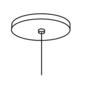 Ceiling light fixture, black and white line drawing, circular canopy with slender rod suspension, minimalist geometric design.