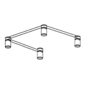 Black metal ceiling lamp with square geometric frame and four cylindrical lampshades suspended from corners and center.
