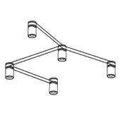 Ceiling lamp black and white line drawing, six cylindrical fixtures, curved metal rods forming a triangular minimalist structure.