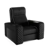 Innovative Vismara Luxor Tech home cinema seating in sleek black leather with quilted diamond pattern and glossy lacquered wood accents