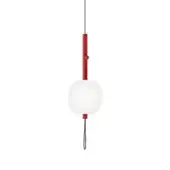 Exclusive Kundalini Motus suspension lamp with white opal glass diffuser and striking red metallic structure suspended from black cable