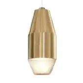 Distinguished Kundalini Yuma suspension lamp with spun metal reflector and translucent blown glass diffuser in polished brass with a high-gloss finish