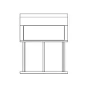 Two-drawer chest line drawing, white background, rectangular form, recessed panel, three vertical legs, minimalist design, studio shot.