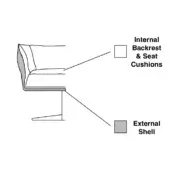 Sectional chair cross-section, light gray shell, dark gray cushions, curved backrest, angled leg, minimalist design, layered construction.