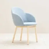 Superior Miniforms Iola Wood chair with light blue textured textile upholstery and natural toned wood frame