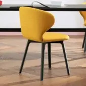 Distinguished Miniforms Mula chair built in Italy with matte mustard yellow textile and dark gray metal legs