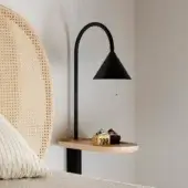Superior Miniforms Ozz wall lamp crafted in black metal with a light-toned wooden shelf and conical shade