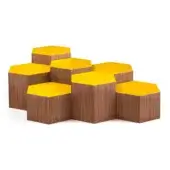 Superior Bross Six coffee table with hexagonal shape in walnut or oakwood and vibrant yellow glossy lacquered top