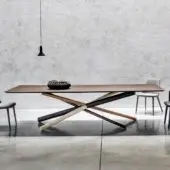 Distinguished Bross W table crafted in American walnut beams with a metal tube in RAL 7016 and a smooth matte wood finish