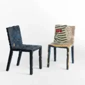 Avant-garde Casamania Rememberme chair crafted in Italy with vibrant jeans and cotton t-shirt medley plus hardening resin