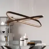 Superior Ozzio Italia Atollo suspension lamp with interconnected elongated rings in dark brown solid wood and warm white glow