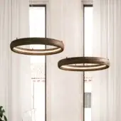 Exceptional Ozzio Italia Ring Light suspension lamp crafted in solid wood with textured medium-to-dark brown finish