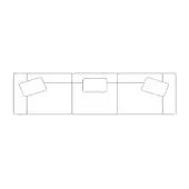 Modular sofa black line drawing, rectangular form, angled cushions, boxy silhouette, technical schematic, white background.