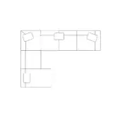 Modular sectional sofa line drawing, L-shape configuration with ottoman, five rectangular modules, square cushions, white background.