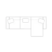 Modular sofa line drawing, white background, L-shape configuration with square cushions on two sections, minimalist design, rectangular forms.